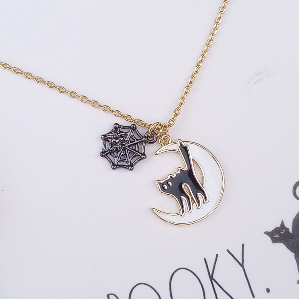 Rae Dunn Spooky Halloween Black Cat and Spiderweb Necklace